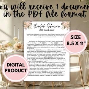 May include: A printable bridal shower game card with a pink floral design. The card is 8.5 inches by 11 inches and includes instructions for a "Left Right" game. The text on the card reads "Bridal Shower Left Right Game".