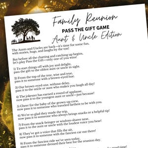 Family Reunion Pass the Gift Game Aunt & Uncle Edition Printable, Reunion Find Someone Who Parcel Game, Pass the Gift Game, Pass the Prize