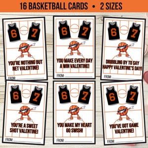 May include: Basketball-themed Valentine's Day cards with a basketball court design. Each card features a basketball character, jersey graphics, and Valentine's Day messages. The cards are available in two sizes.