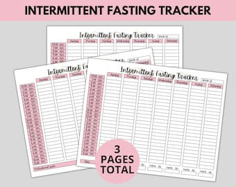 May include: Three printable pages of a pink and white intermittent fasting tracker. Each page has a table with columns for Sunday through Saturday and rows for times from 12:00 AM to 11:00 PM. The text "Intermittent Fasting Tracker" is at the top of each page.
