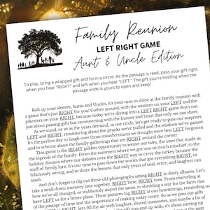 Juego de reunión familiar izquierda derecha imprimible, Juego de reunión familiar Pass The Gift Poem, Juego de reunión familiar para tías y tíos