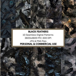 May include: A set of 10 digital seamless patterns featuring black feathers in various designs. The patterns are 3600x3600 pixels and 300 DPI. They are available in JPG and PNG formats.  BLACK FEATHERS, 10 Seamless Digital Patterns, 3600x3600 PX | 300 DPI, JPG & PNG files, PERSONAL & COMMERCIAL USE.