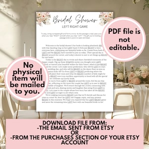 May include: A printable bridal shower game card with pink floral accents. The card features instructions for a "Left Right" game, where guests pass a gift around the circle, passing it to the right when they hear "Right" and to the left when they hear "Left". The card also includes a message about downloading the file from Etsy.