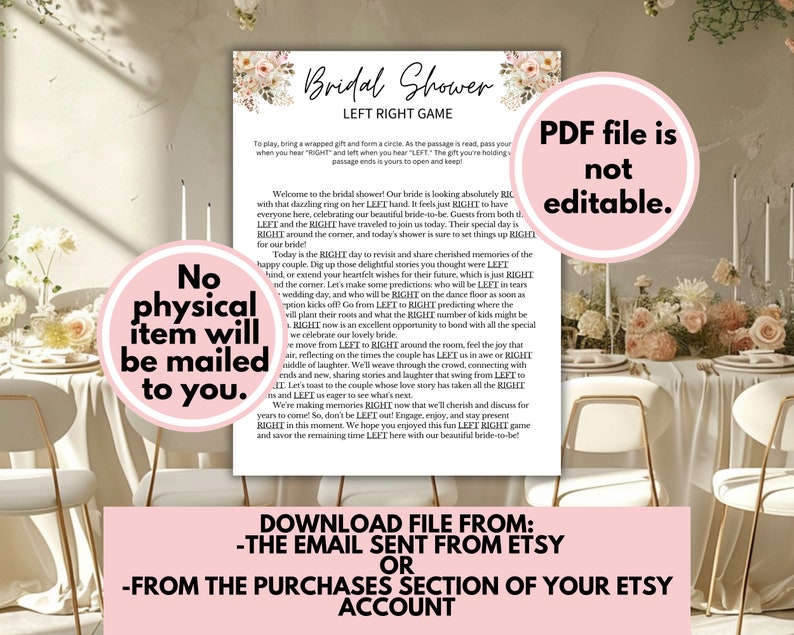 May include: A printable bridal shower game card with pink floral accents. The card features instructions for a "Left Right" game, where guests pass a gift around the circle, passing it to the right when they hear "Right" and to the left when they hear "Left". The card also includes a message about downloading the file from Etsy.