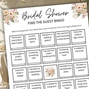 Bridal Shower Find The Guest Bingo Game | Bridal Bingo Shower Game | Wedding Shower Games