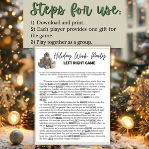 May include: A printable game for a holiday work party. The game is called "Left Right Game" and involves passing a wrapped gift to the left or right based on instructions read aloud. The game is decorated with a festive holiday theme and includes a Christmas tree with lights.
