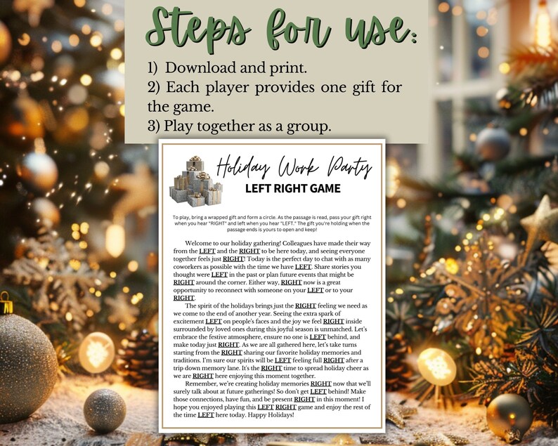 May include: A printable game for a holiday work party. The game is called "Left Right Game" and involves passing a wrapped gift to the left or right based on instructions read aloud. The game is decorated with a festive holiday theme and includes a Christmas tree with lights.