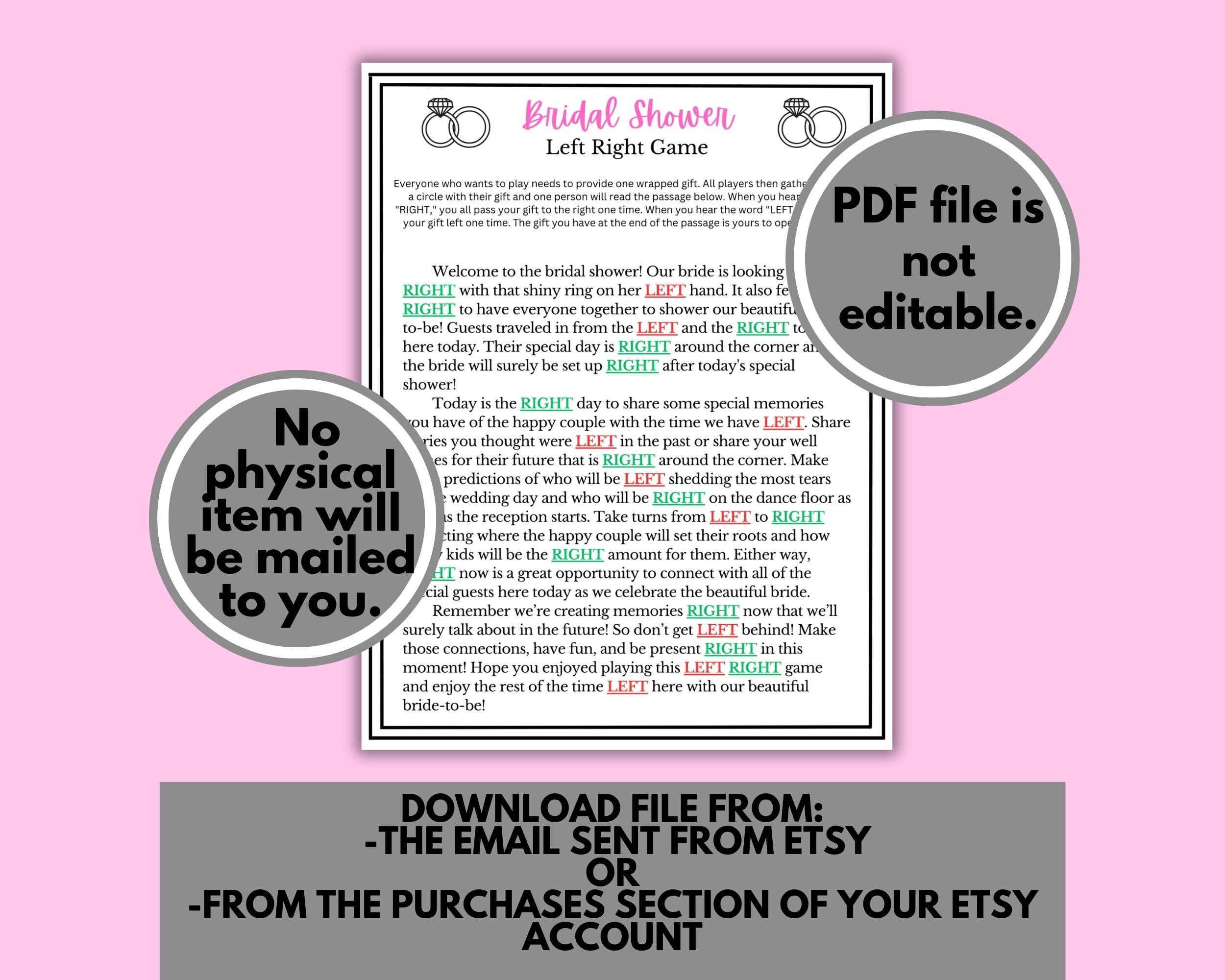 Bridal Shower Left Right Game Printable Bridal Shower Pass the Gift ...