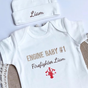 Firefighter Baby Announcement Onesie – Personalized Embroidered Onesies for Firefighter Baby – Baby Firefighter Reveal Gift Idea