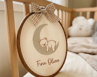 Oval Baby Name Embroidered Sign, Bear & Balloon, Gender Nursery Decor, Gift For Kids, T2