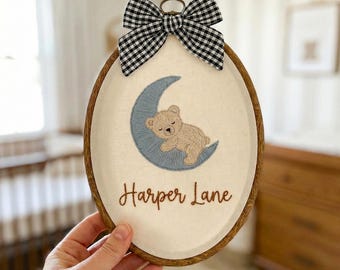Custom Baby Name Bear on Moon Hoop:Baby Room Wall Decor, Newborn Gift T4