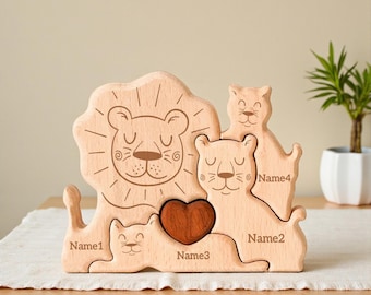 Personalized Wooden Lions Puzzle, Mother's Day Bears, Family Name, Gift for Dad, and Unique Home Decor, T1