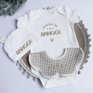 Personalized Embroidered Protected By Dog Baby Onesie , Custom Dog Name Onesies, Custom dog name baby Onesies, Baby Coming Home Outfit