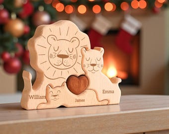Personalized Wooden Lion Family Puzzle, Baby puzzle, Family Name, Gift for Dad, and Unique Home Decor, Gift for Parents, Gift for Mum T4