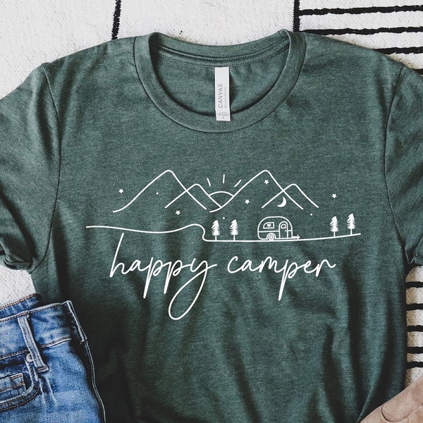 Happy Camper Camping Hiking Travel Shirt, Caravan Life Nature Lover Tshirt, Camp Life T-Shirt, Fishing Hunting Cooking Outdoors Fire Gifts