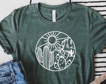 Cactus Shirt, Cactus Plants Tee, Cactus Scene Shirt, Mountain Scene T shirt, Adventure Shirt, Arizona Shirt, Women Shirt, Cactus Patch Shirt