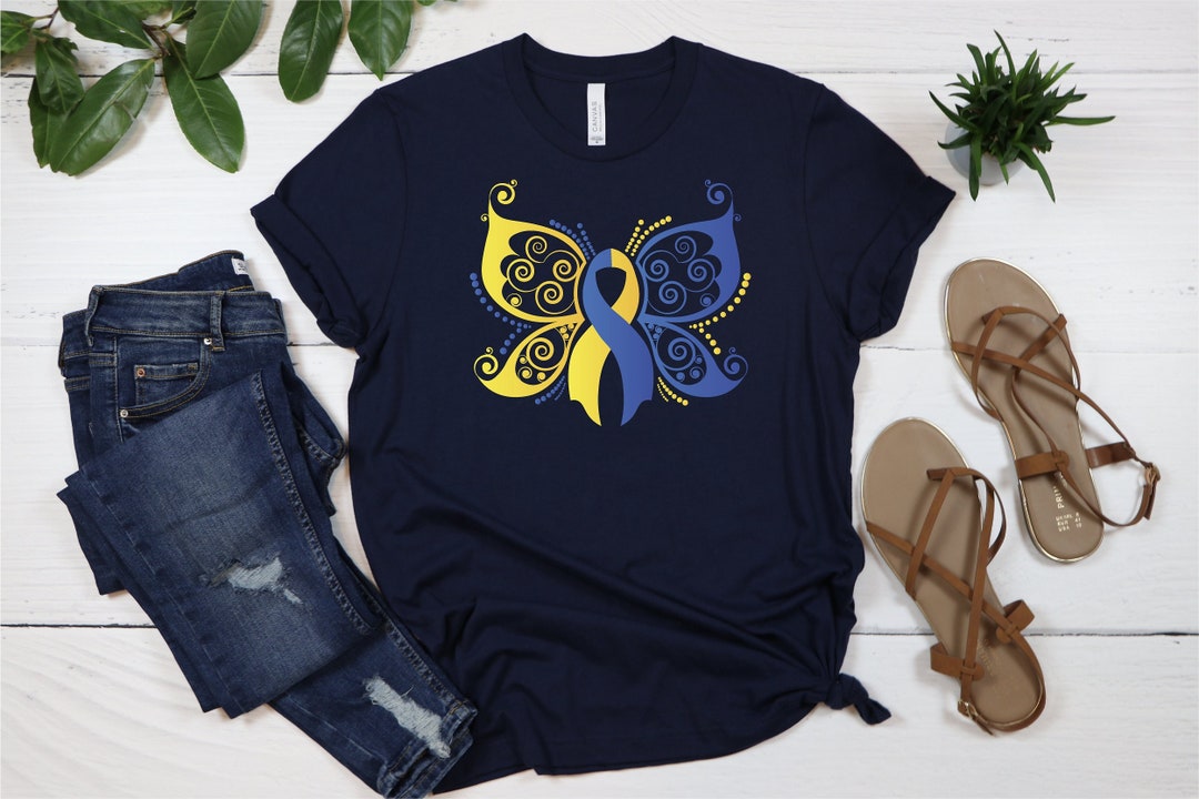 Down Syndrome Awareness T Shirt Blue Yellow Ribbon Butterfly