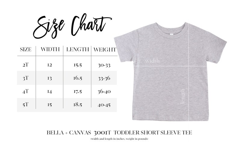 K&ouml;nnte beinhalten: Gr&ouml;&szlig;entabelle f&uuml;r das Bella + Canvas 3001T Toddler Short Sleeve Tee. Die Tabelle zeigt die Gr&ouml;&szlig;en 2T bis 5T mit den entsprechenden Ma&szlig;en f&uuml;r Breite, L&auml;nge und Gewicht in Zoll und Pfund.