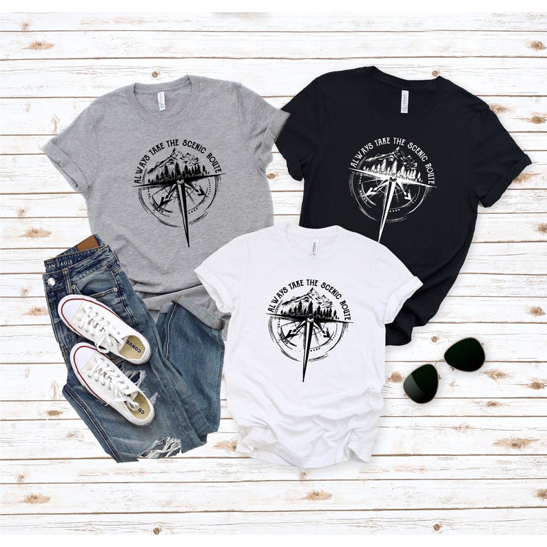 Always Take The Scenic Route Shirt, Outdoor Shirt, Camping Tee, Nature Shirt, Adventure Shirt, Hiking Shirt, Road Trip Shirt, Mountains Tee zdjęcie 1