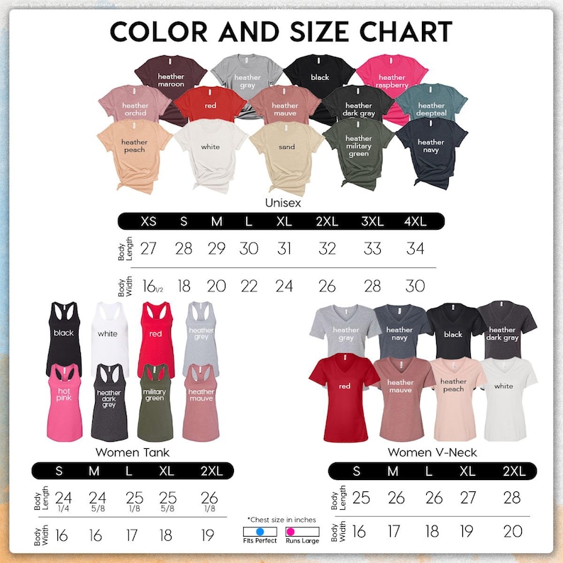 Puede incluir: Una tabla de colores y tallas para varias camisetas y camisetas sin mangas. La tabla muestra una gama de colores, incluyendo negro, blanco, rojo y gris jaspeado, con tallas de XS a 4XL. Las medidas est&aacute;n en pulgadas.