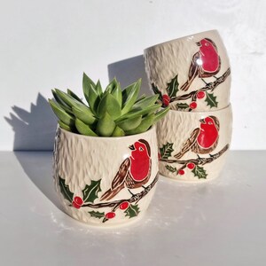May include: Cream-coloured ceramic plant pots with a textured finish, each decorated with a red-breasted bird on a branch with holly and red berries. One pot contains a green succulent. Two other pots are stacked behind it.
