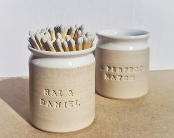 Personalised Ceramic Match Pot With Strike Pad- Hand Thrown And Stamped With 'A Perfect Match' Plus Name And Date. Made To Order.