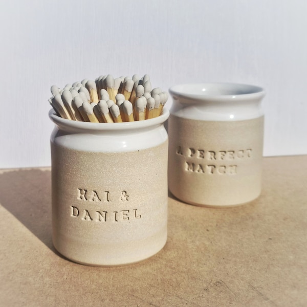 Personalised Ceramic Match Pot With Strike Pad- Hand Thrown And Stamped With 'A Perfect Match' Plus Name And Date. Made To Order.