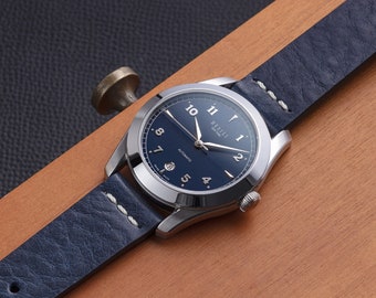 Navy Blue Italian Leather Watch Strap | Full Grain, Row Stitch, Vegetable-Tanned, 20mm