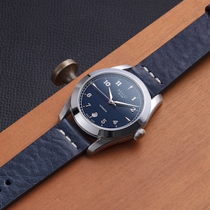 Full Grain Vegetable Tanned Italian Leather Blue Watch Strap with 316L Stainless Steel Buckle | 20mm Width | Row Stitch | 120mm x 75mm