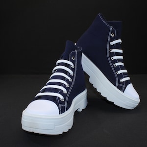 High-top platform lift with blue canvas sneakers shoes lace up sizes