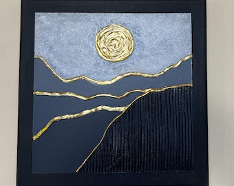 Set of 3 Textured Mountain Landscape Paintings – Gold Sun Wall Art – Modern Minimalist Neutral Decor – Nature-Inspired Triptych