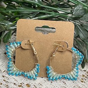 Beaded Hoop Earrings | Handmade Jewelry | Turquoise & Cream Seed Beads