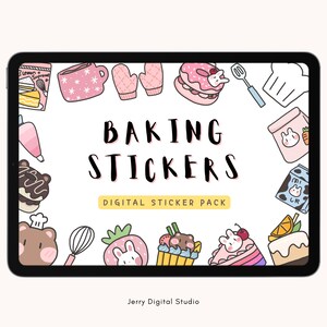 Puede incluir: Un paquete de pegatinas digitales con el texto "Baking Stickers" y "Digital Sticker Pack". Las pegatinas presentan varias ilustraciones con temática de repostería, incluyendo un gorro de chef, un batidor, una taza de café, un pastel, una dona, una caja de leche, un conejito, una fresa y un limón.