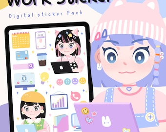 Kawaii Work Digital Stickers | Goodnotes Planner, iPad (PNG)