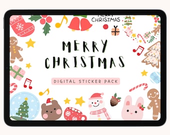 May include: A digital sticker pack with a white background and a border of Christmas-themed illustrations. The text "Merry Christmas" is in the center of the image, with the text "Digital Sticker Pack" below it. The illustrations include a gingerbread man, a snowman, a Christmas tree, a candy cane, a stocking, a bell, a star, a musical note, and a present.