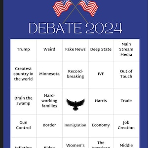 Pode incluir: Um cartão de bingo azul e branco com o título "Vice President Debate 2024" e uma grade de quadrados contendo frases como "Fake News", "Drain the Swamp", "Hard-working families", "The American People" e "Middle Class".