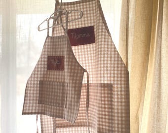 Personalized Kitchen Apron: Tan Checkered Cotton Hand-stitched Name Tag