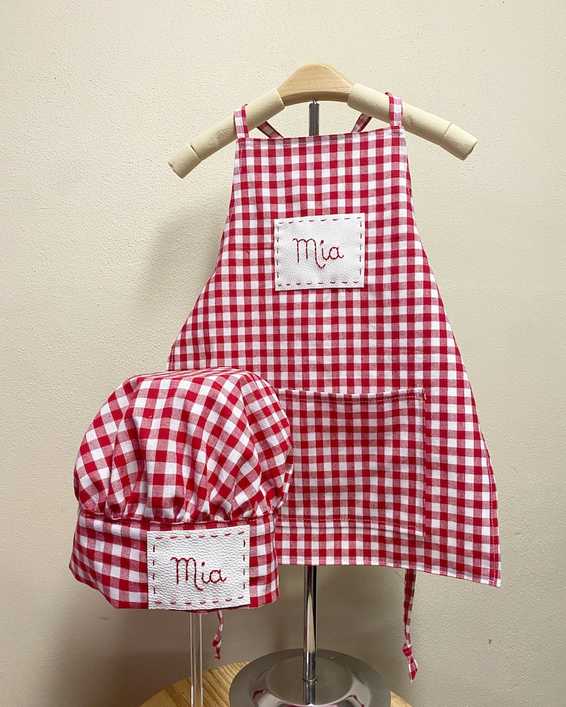NEW COLORS Personalized hand-embroidered name HANDMADE apron for kids and babies, Customized birthday gift for children Red gingham
