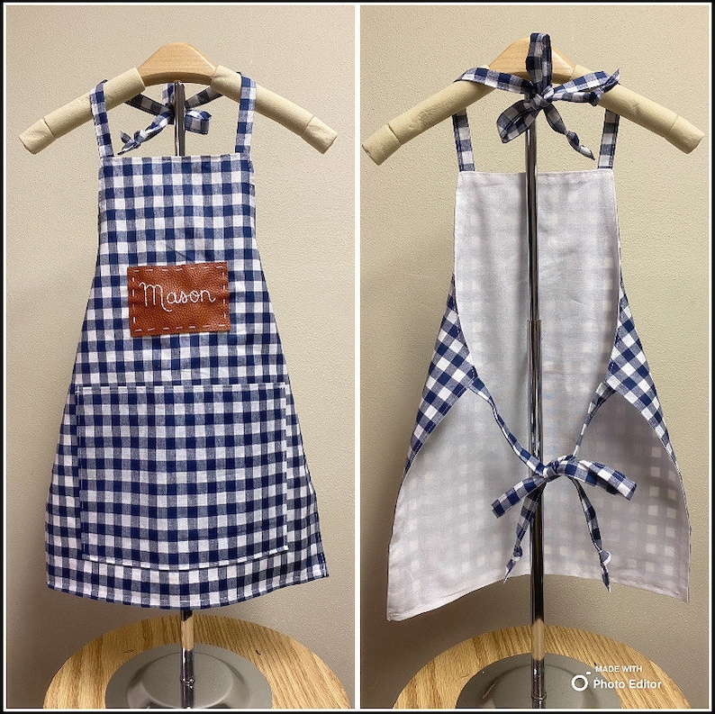 NEW COLORS Personalized hand-embroidered name HANDMADE apron for kids and babies, Customized birthday gift for children Navy blue gingham