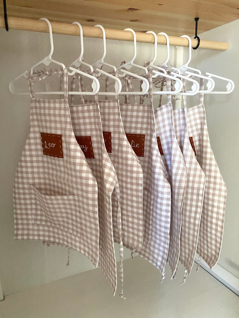 NEW COLORS Personalized hand-embroidered name HANDMADE apron for kids and babies, Customized birthday gift for children Beige gingham