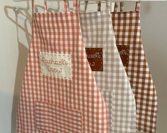 Custom name embroidery gingham apron, Personalized hand-embroidered name apron for kids, Matching apron smock for family