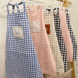 Custom name embroidery gingham apron, Personalized hand-embroidered name apron for kids, Matching apron smock for family