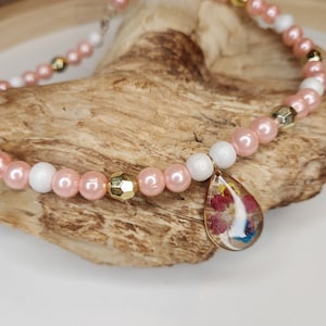 Faux Pearl Necklace, Pink Pearl Necklace, Floral Charm Necklace, Pink Choker Necklace
