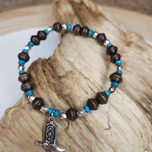 Handmade Cowgirl Bracelet, Handmade Charm Bracelet for Her, Turquoise, Brown, Wooden Beads, Boho, Country Girl, Bohemian