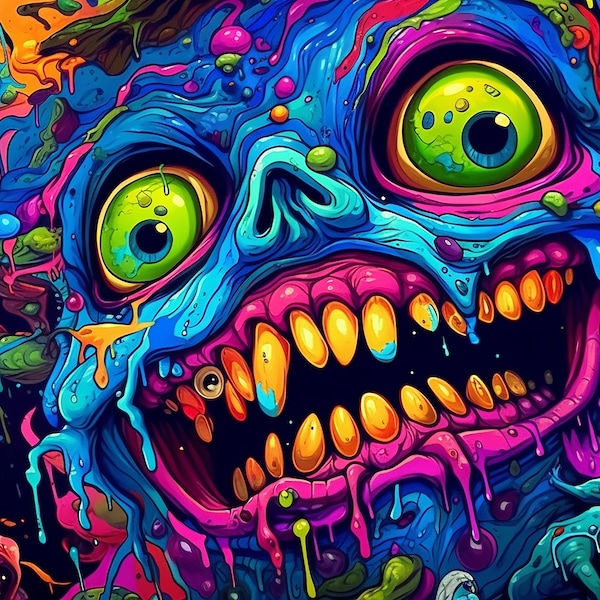 Psychedelic Chatty Zombie Digital Image Psychedelic Digital Painting, Trippy Zombie Illustration, Psychedelic Home Decor, Unique Undead Art