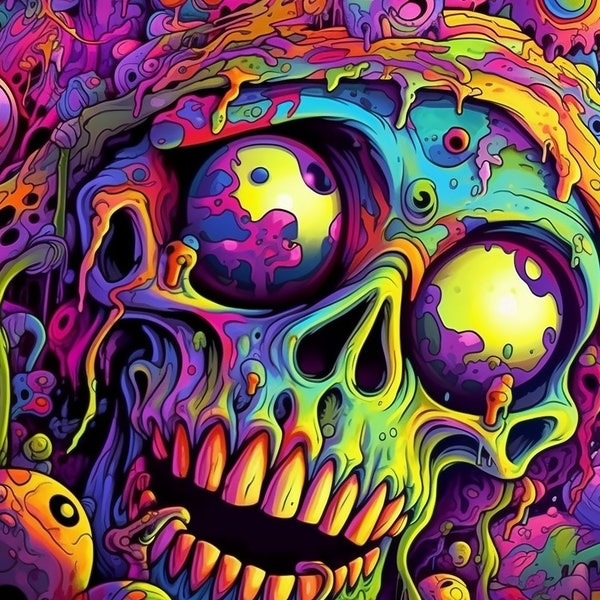 Psychedelic Undead Zombie Portrait, Digital Art File for Instant Download and Home Decor Use, Fantasy Zombie Artwork, Abstract Horror