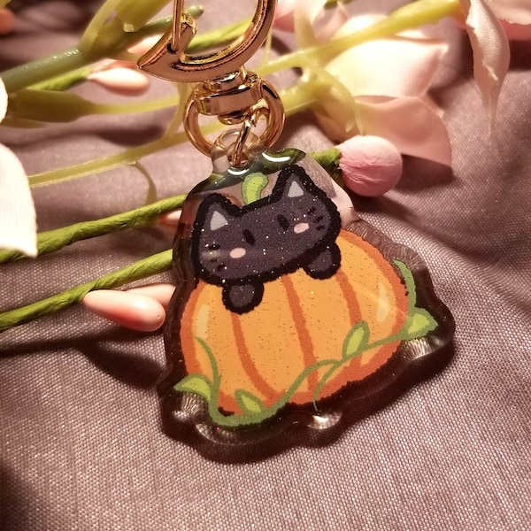 Pumpkin Cat | Mini Acrylic Charm with Double-sided Glitter Epoxy Coating