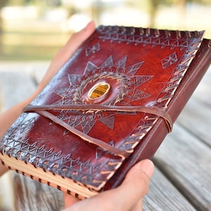 Leather Personalized Journal, Leather Scrapbook, Semi Precious Stone Notebook, Unlined Journal 8x6 size.