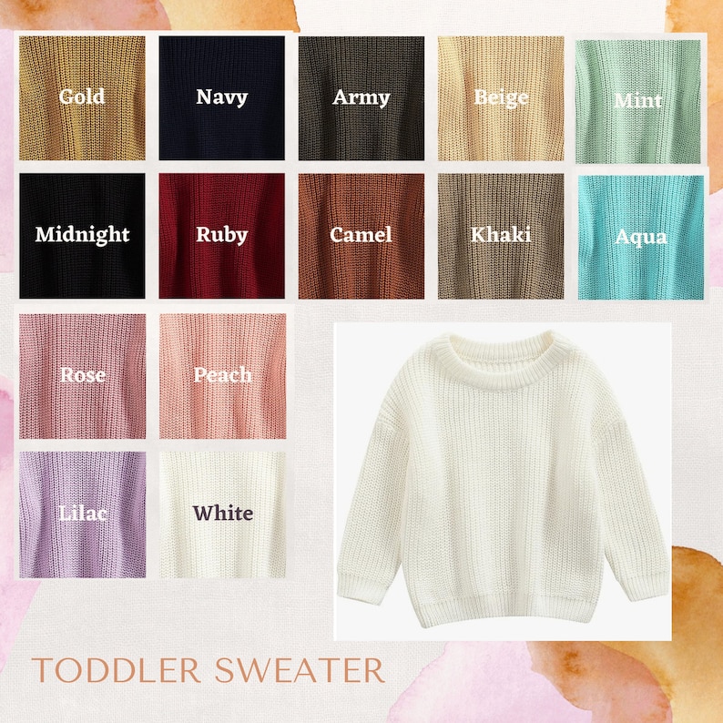 Puede incluir: Un su&eacute;ter blanco para ni&ntilde;os peque&ntilde;os con una textura de punto acanalado. La imagen tambi&eacute;n muestra una carta de colores con muestras etiquetadas como Oro, Azul Marino, Ej&eacute;rcito, Beige, Menta, Medianoche, Rub&iacute;, Camello, Caqui, Aqua, Rosa, Melocot&oacute;n, Lila y Blanco. El texto "TODDLER SWEATER" est&aacute; en la parte inferior.