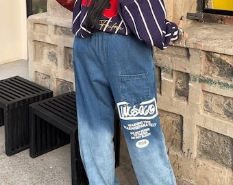 Calça Jeans Vintage com Cintura Elástica e Perna Larga